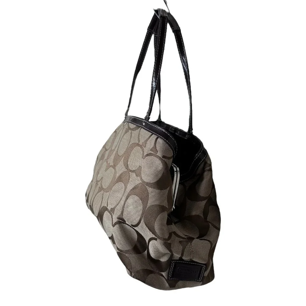 Coach Khaki and Mahogany Stripe Signature Kisslock Carryall Bag F19190 - Picture 5 of 13